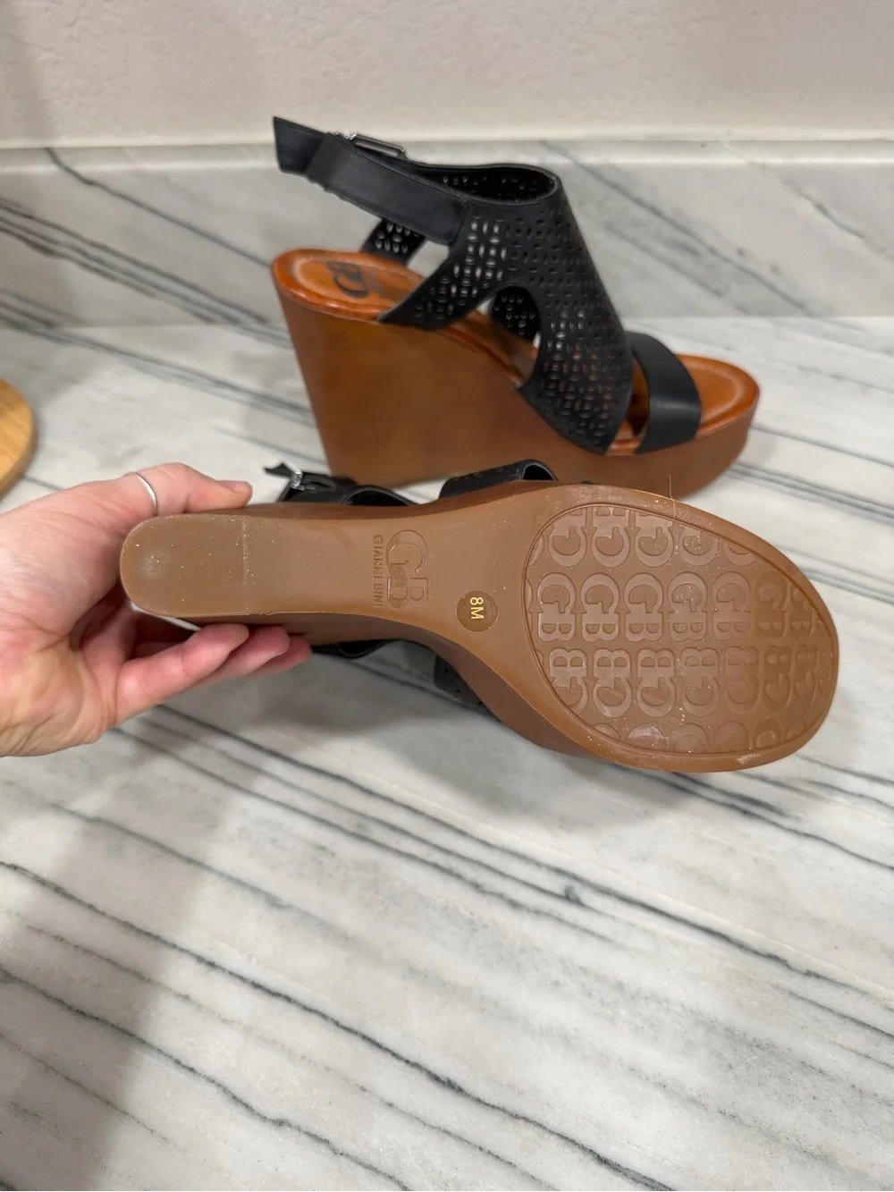 Gianni Bini Black Perforated Leather Wedge Sandals with Brown Platform
